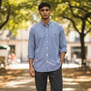 Ralph Lauren Performance Mens Large Blue Gingham Button Down Shirt Long Sleeve